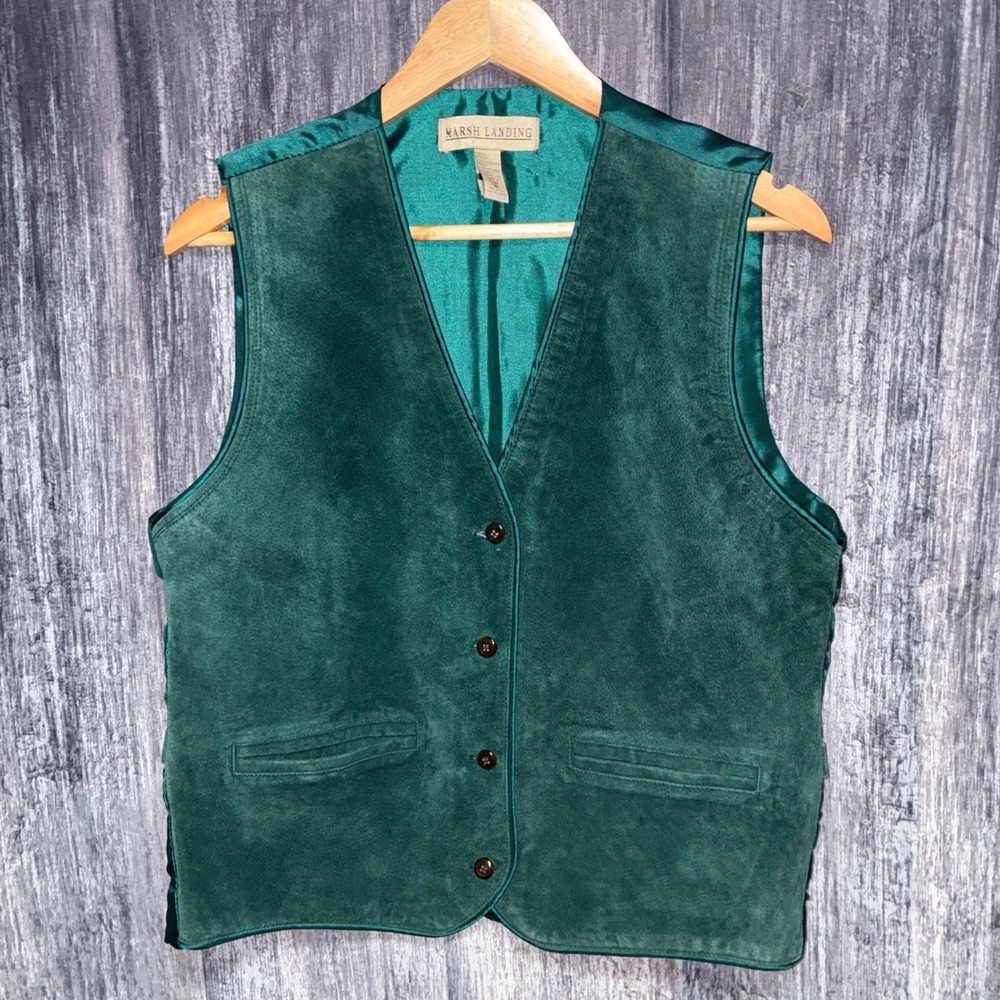 Vintage Marsh Landing Green Button Up Leather Vest Pockets‎ Size M